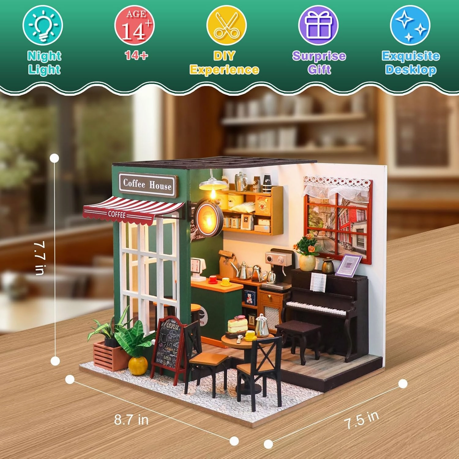DIY Miniature House Kit,Tiny House Coffee Shop with Furniture & LED,DIY Dollhouse Miniature Kit for Adults Teen,Mini House Building kit,3D Wooden Craft Mini Model Kit,Birthday Gifts Home Decor