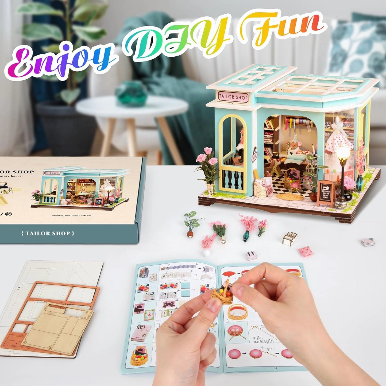 DIY Miniature House Kit,Tiny House Tailor Shop with Furniture & LED,DIY Dollhouse Miniature Kit for Adults Teen,Mini House Building kit,3D Wooden Craft Mini Model Kit,Birthday Gifts Home Decor