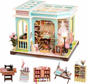 DIY Miniature House Kit,Tiny House Tailor Shop with Furniture & LED,DIY Dollhouse Miniature Kit for Adults Teen,Mini House Building kit,3D Wooden Craft Mini Model Kit,Birthday Gifts Home Decor