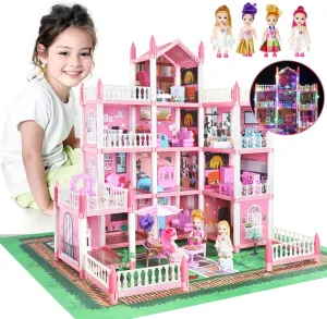 Doll House Set for Girls, Princess House Toys with 4 Dolls Furniture and 4-Story 11 Rooms,Pretend Play DIY with Light Strip for Kids, Building Dolls Playset Toys Kit Gift for Ages 3 4 5 6 