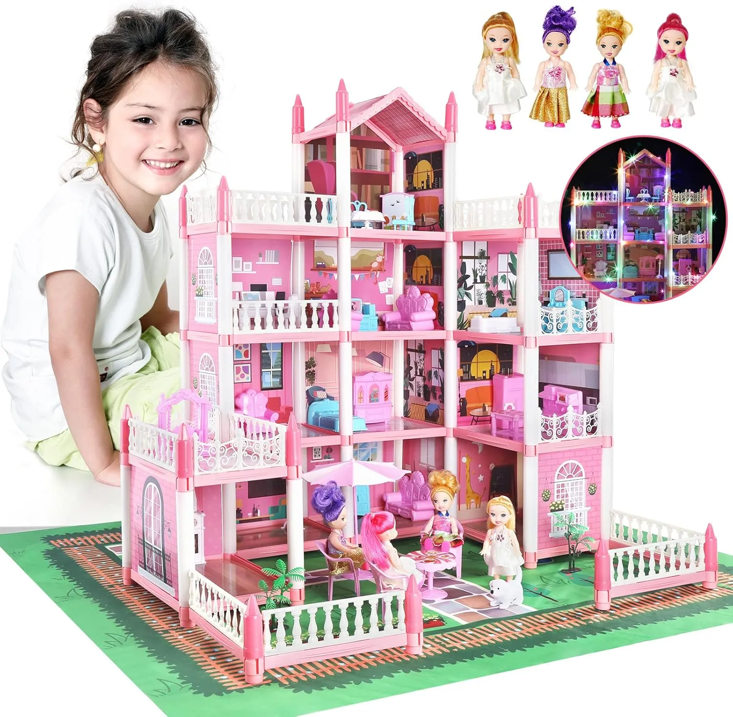 Doll House Set for Girls, Princess House Toys with 4 Dolls Furniture and 4-Story 11 Rooms,Pretend Play DIY with Light Strip for Kids, Building Dolls Playset Toys Kit Gift for Ages 3 4 5 6 