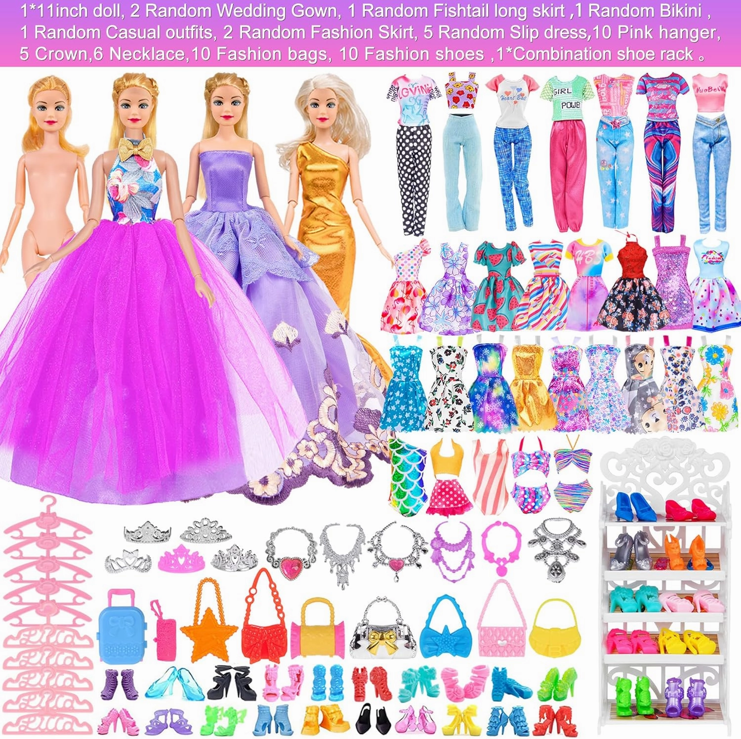 Doll and Doll Accessories 101 Pcs Doll Clothes and Accessories Purple Doll Closet Wardrobe Closet Playest for 11.5 Inch Girl Doll Including Shoes Rack,Dress,Shoes Hangers Accessories(One Doll)