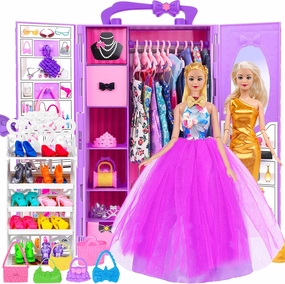 Doll and Doll Accessories 101 Pcs Doll Clothes and Accessories Purple Doll Closet Wardrobe Closet Playest for 11.5 Inch Girl Doll Including Shoes Rack,Dress,Shoes Hangers Accessories(One Doll)