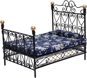 Dollhouse Bed 1:12 Scale Cute Realistic Doll Bed with Mattress & Pillow Mini Bed Creative DIY Miniature Dollhouse Accessories for Children Playing Gift, Black,Mini Bed