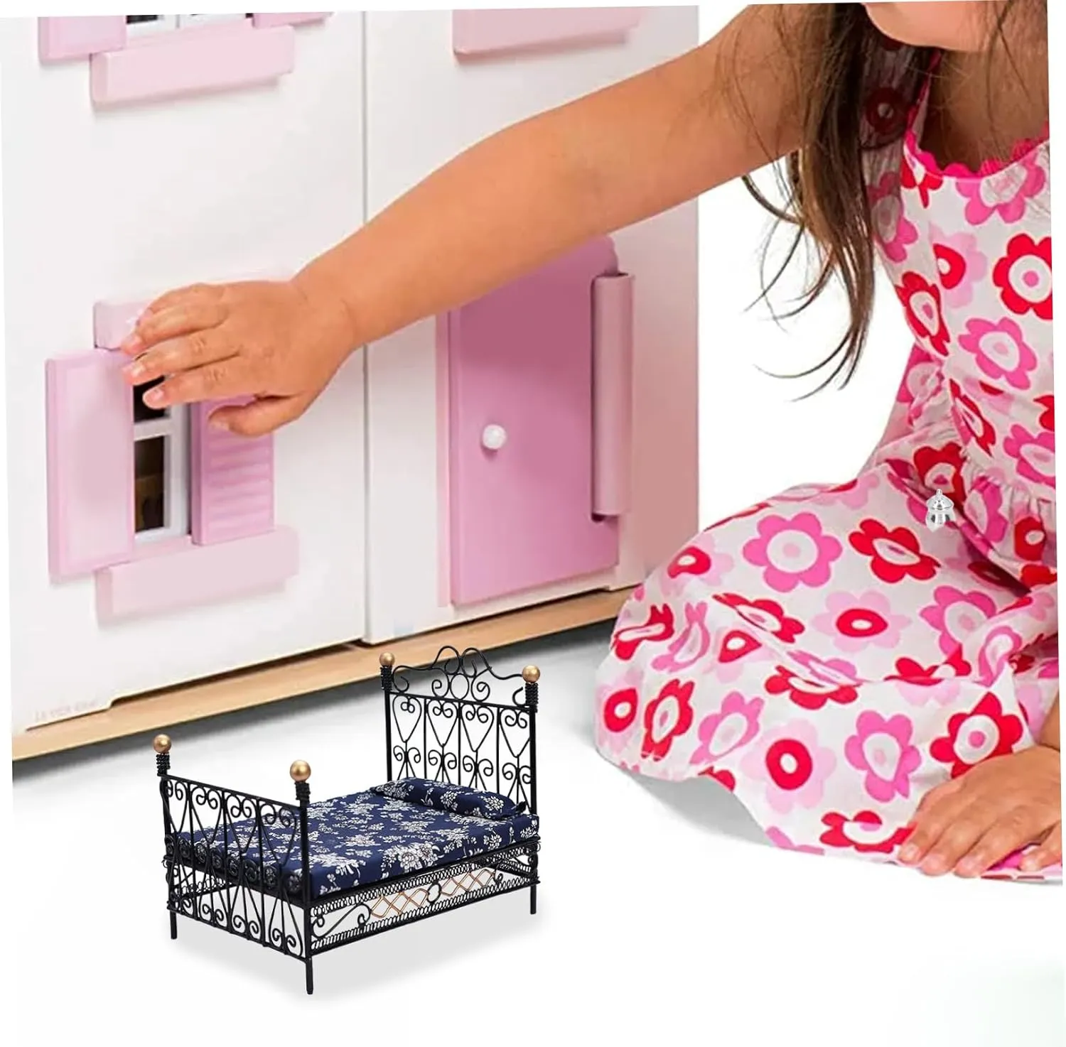 Dollhouse Bed 1:12 Scale Cute Realistic Doll Bed with Mattress & Pillow Mini Bed Creative DIY Miniature Dollhouse Accessories for Children Playing Gift, Black,Mini Bed
