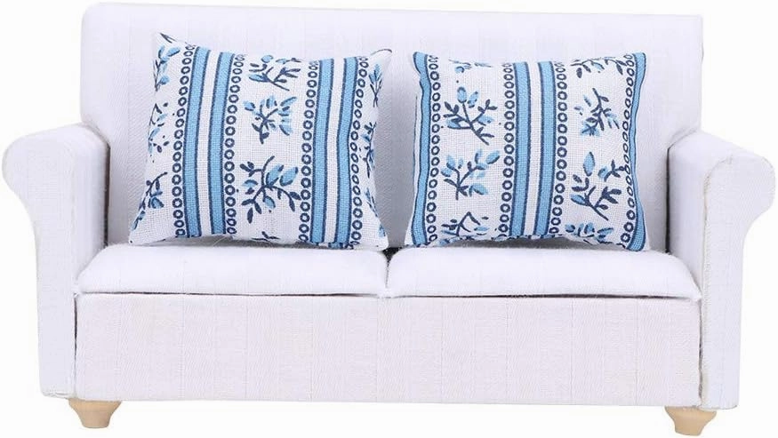 Dollhouse Furniture on 1/12 Scale of Miniature Sofa - Wooden Miniature Sofa Set with Cushions for Dollhouse Living Room and Bedroom Decoration Accessories(Two-seat Sofa with Cushions)