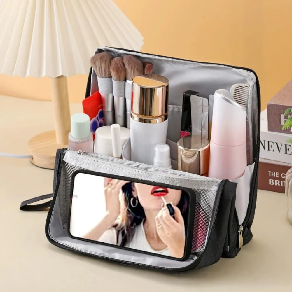 Doresty Makeup Bag, Doresty Standing Makeup Bag – Portable, Large Capacity, Waterproof Standing MakeupBag with Compartments, Multifunctional Travel Cosmetic Bag (Black)