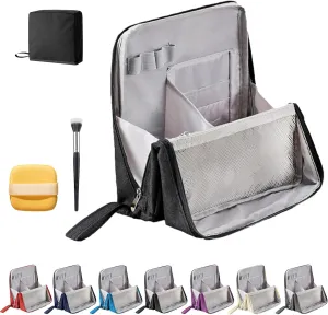 Doresty Makeup Bag, Doresty Standing Makeup Bag – Portable, Large Capacity, Waterproof Standing MakeupBag with Compartments, Multifunctional Travel Cosmetic Bag (Black)