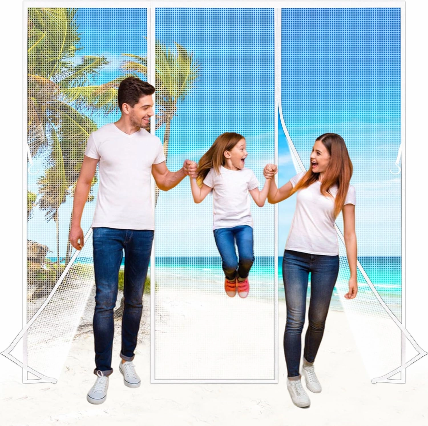 Double-Sided Opening Magnetic Screen Door for French Front Back Patio Car Garage Doors, 138x75 inch Double Opening Net Mesh Curtain with Magnet, Easy Assembly & Pass White