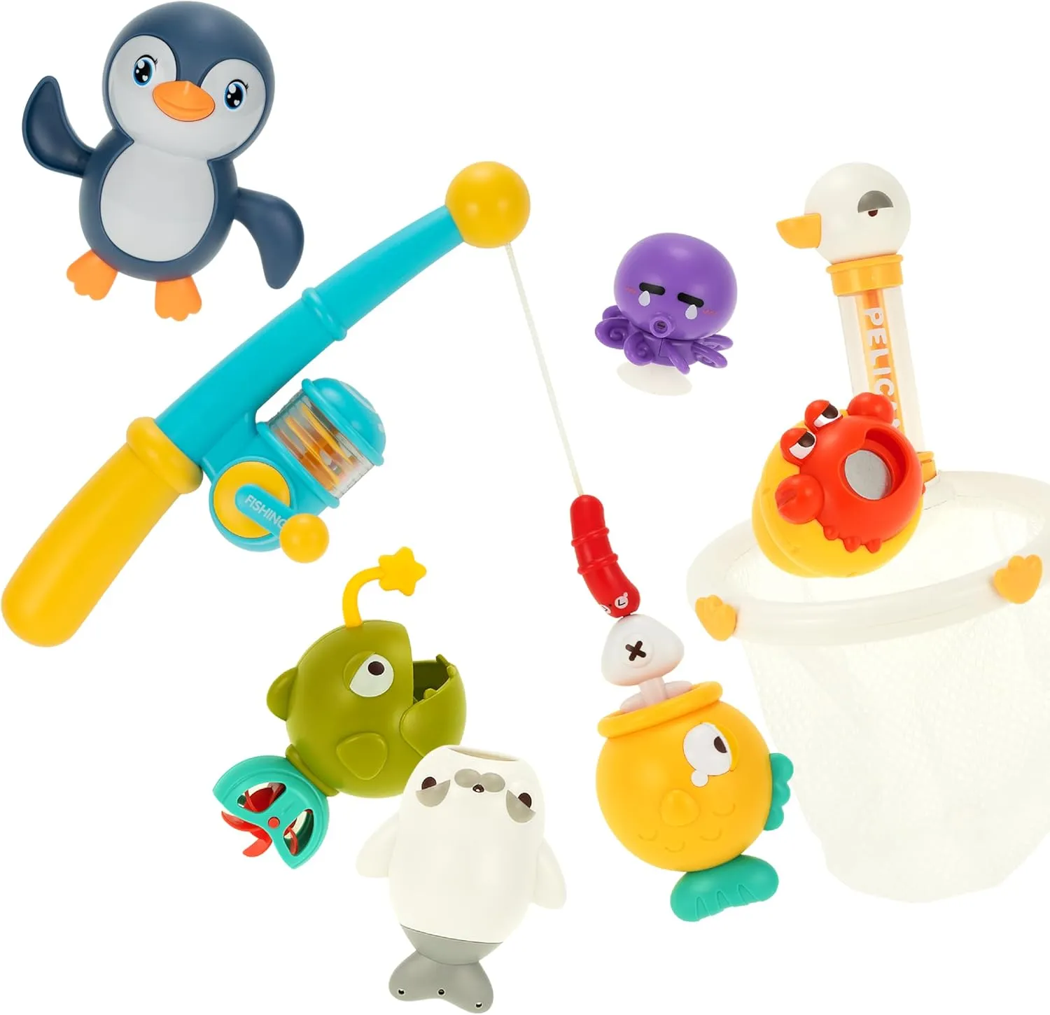 DUCKBOXX XX Bath Toys Bundle (9pcs): Backstroke Swimming Penguins (Blue) & Fishing Game Set (8pcs) for Kids