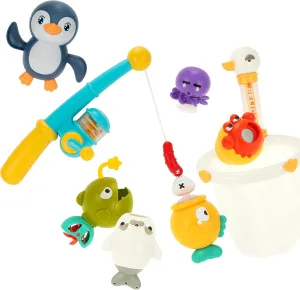 DUCKBOXX XX Bath Toys Bundle (9pcs): Backstroke Swimming Penguins (Blue) & Fishing Game Set (8pcs) for Kids