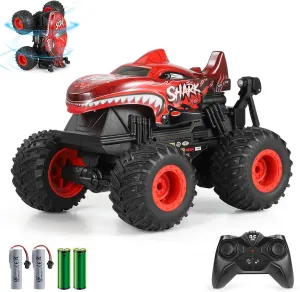 DYODYORC Remote Control Car, 2.4Ghz All Terrain Shark Monster Truck Toys, RC Truck with Music, 3 Lighting Effects, 360 Stunt Capable, All Included Ready to Run, Toy Gifts for Boys and Girls (Red)