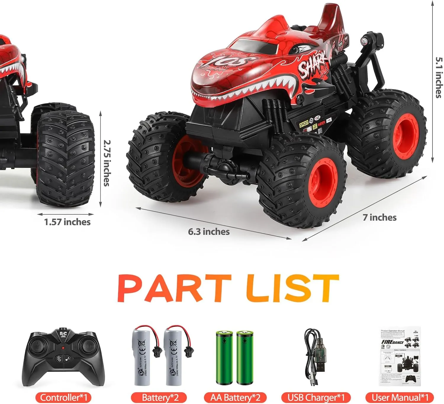 DYODYORC Remote Control Car, 2.4Ghz All Terrain Shark Monster Truck Toys, RC Truck with Music, 3 Lighting Effects, 360 Stunt Capable, All Included Ready to Run, Toy Gifts for Boys and Girls (Red)