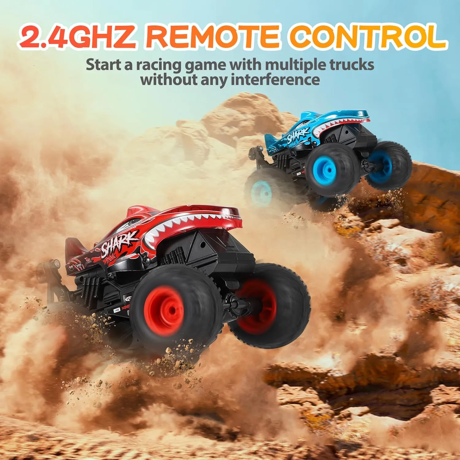 DYODYORC Remote Control Car, 2.4Ghz All Terrain Shark Monster Truck Toys, RC Truck with Music, 3 Lighting Effects, 360 Stunt Capable, All Included Ready to Run, Toy Gifts for Boys and Girls (Red)