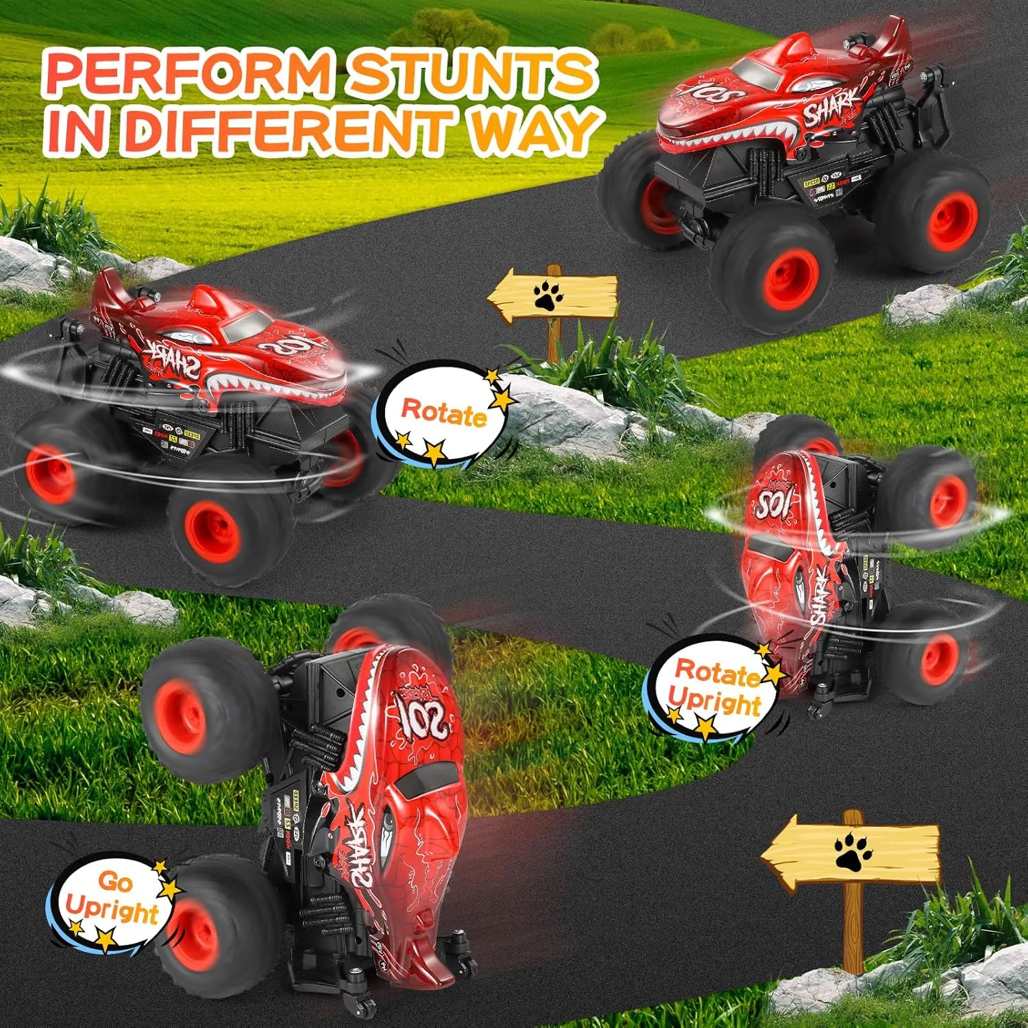 DYODYORC Remote Control Car, 2.4Ghz All Terrain Shark Monster Truck Toys, RC Truck with Music, 3 Lighting Effects, 360 Stunt Capable, All Included Ready to Run, Toy Gifts for Boys and Girls (Red)