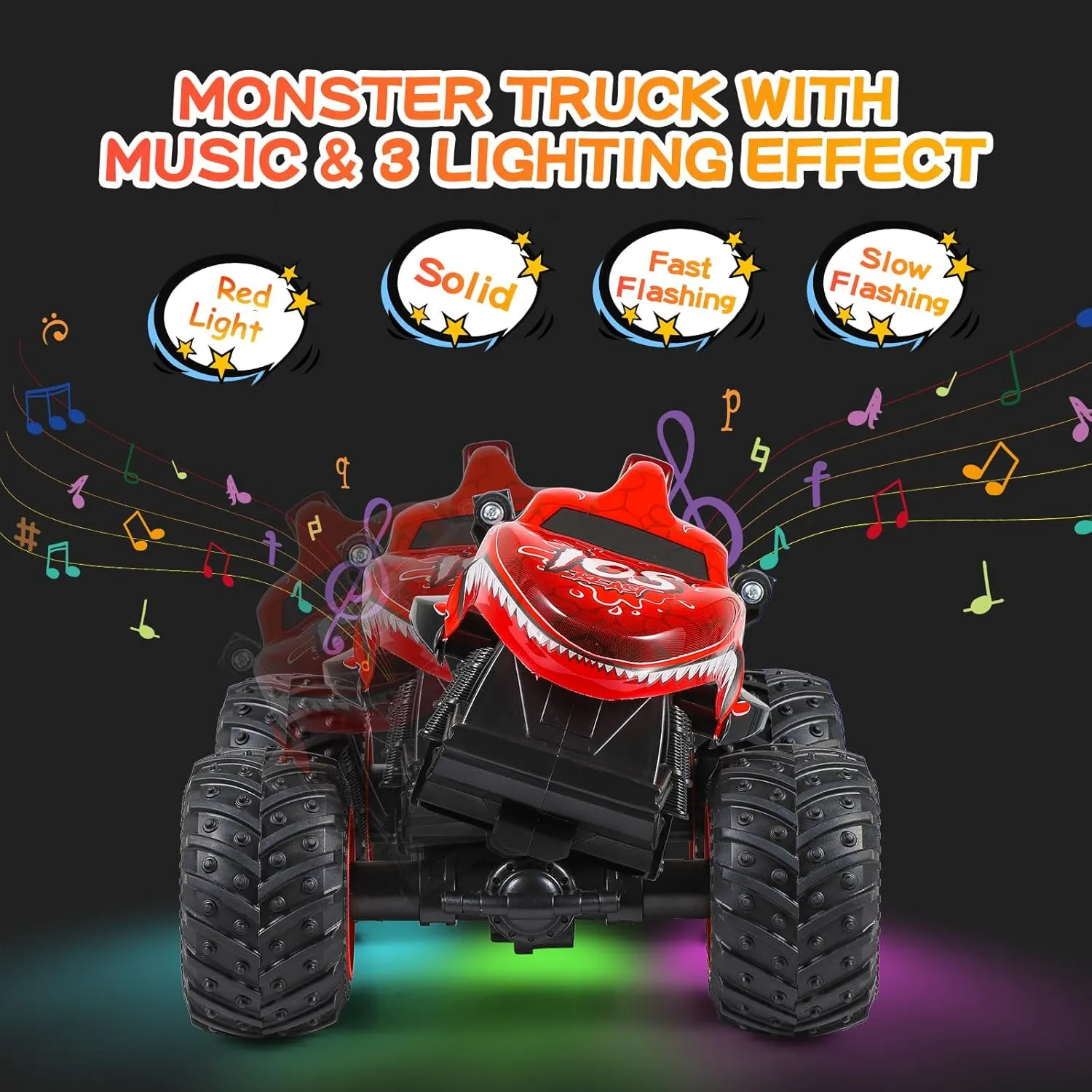 DYODYORC Remote Control Car, 2.4Ghz All Terrain Shark Monster Truck Toys, RC Truck with Music, 3 Lighting Effects, 360 Stunt Capable, All Included Ready to Run, Toy Gifts for Boys and Girls (Red)