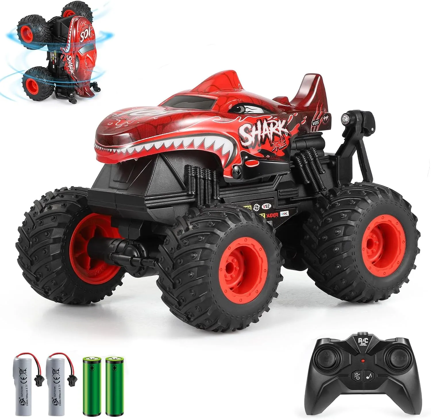 DYODYORC Remote Control Car, 2.4Ghz All Terrain Shark Monster Truck Toys, RC Truck with Music, 3 Lighting Effects, 360 Stunt Capable, All Included Ready to Run, Toy Gifts for Boys and Girls (Red)