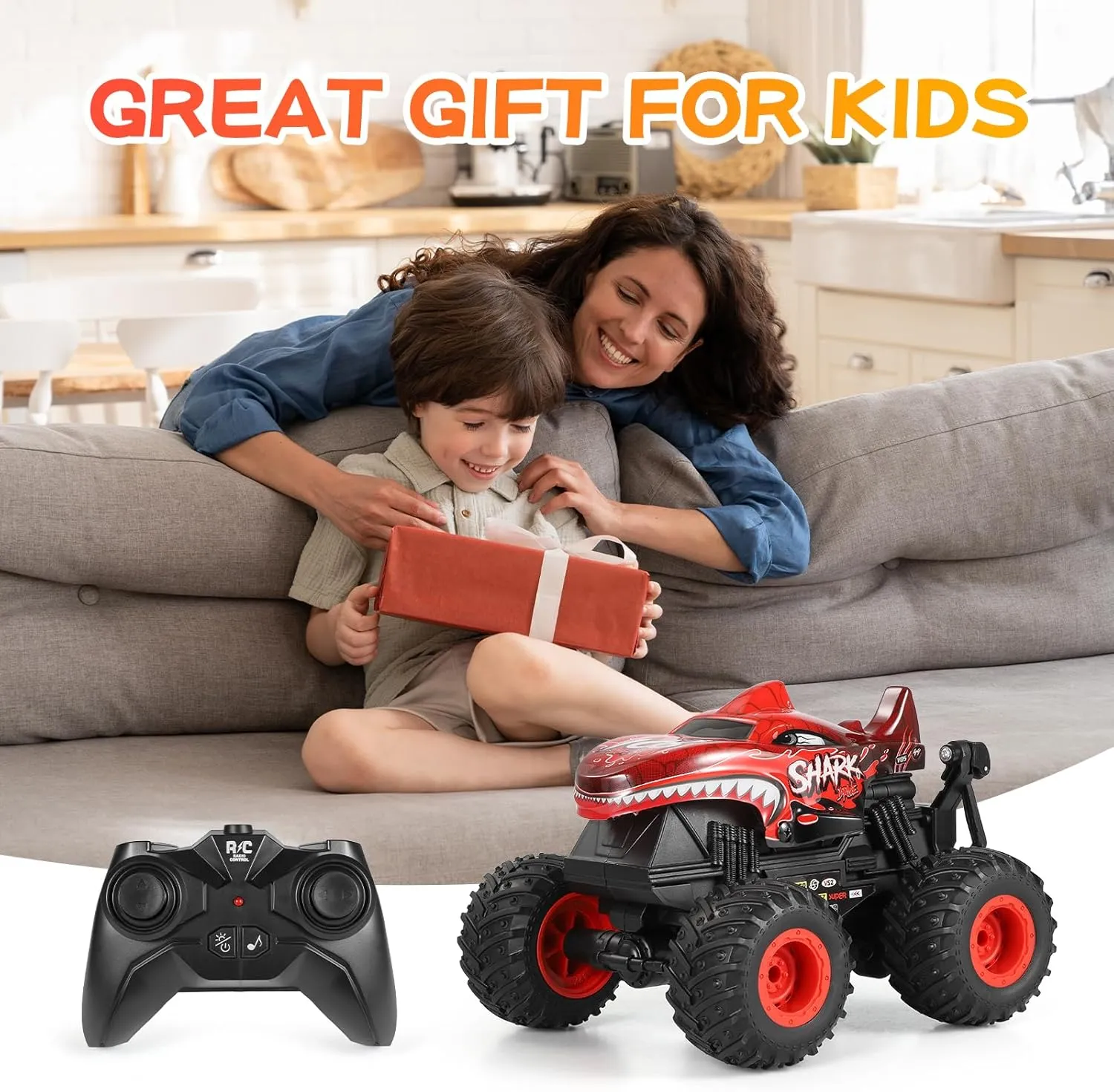 DYODYORC Remote Control Car, 2.4Ghz All Terrain Shark Monster Truck Toys, RC Truck with Music, 3 Lighting Effects, 360 Stunt Capable, All Included Ready to Run, Toy Gifts for Boys and Girls (Red)