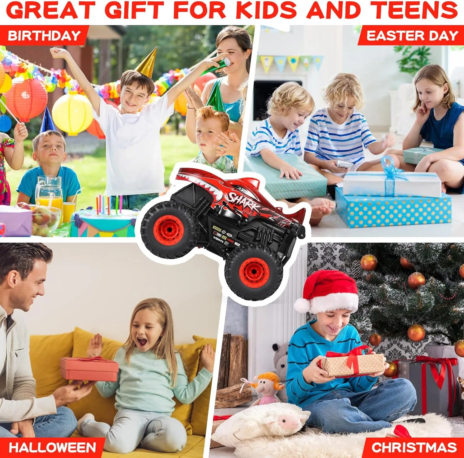 DYODYORC Remote Control Car, 2.4Ghz All Terrain Shark Monster Truck Toys, RC Truck with Music, 3 Lighting Effects, 360 Stunt Capable, All Included Ready to Run, Toy Gifts for Boys and Girls (Red)