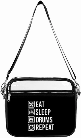 EAT Sleep Drum Repeat Clear Stadium Bag Clear Messenger Bag Shoulder Bag with 2 Compartments Clear Crossbody Bag
