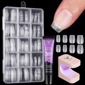 Ejiubas Coffin Nails - 300PCS Tips, 15ML Long-Lasting Solid Gel with Portable Lamp, Acrylic Fake Nails Extension Set for DIY Home Manicure