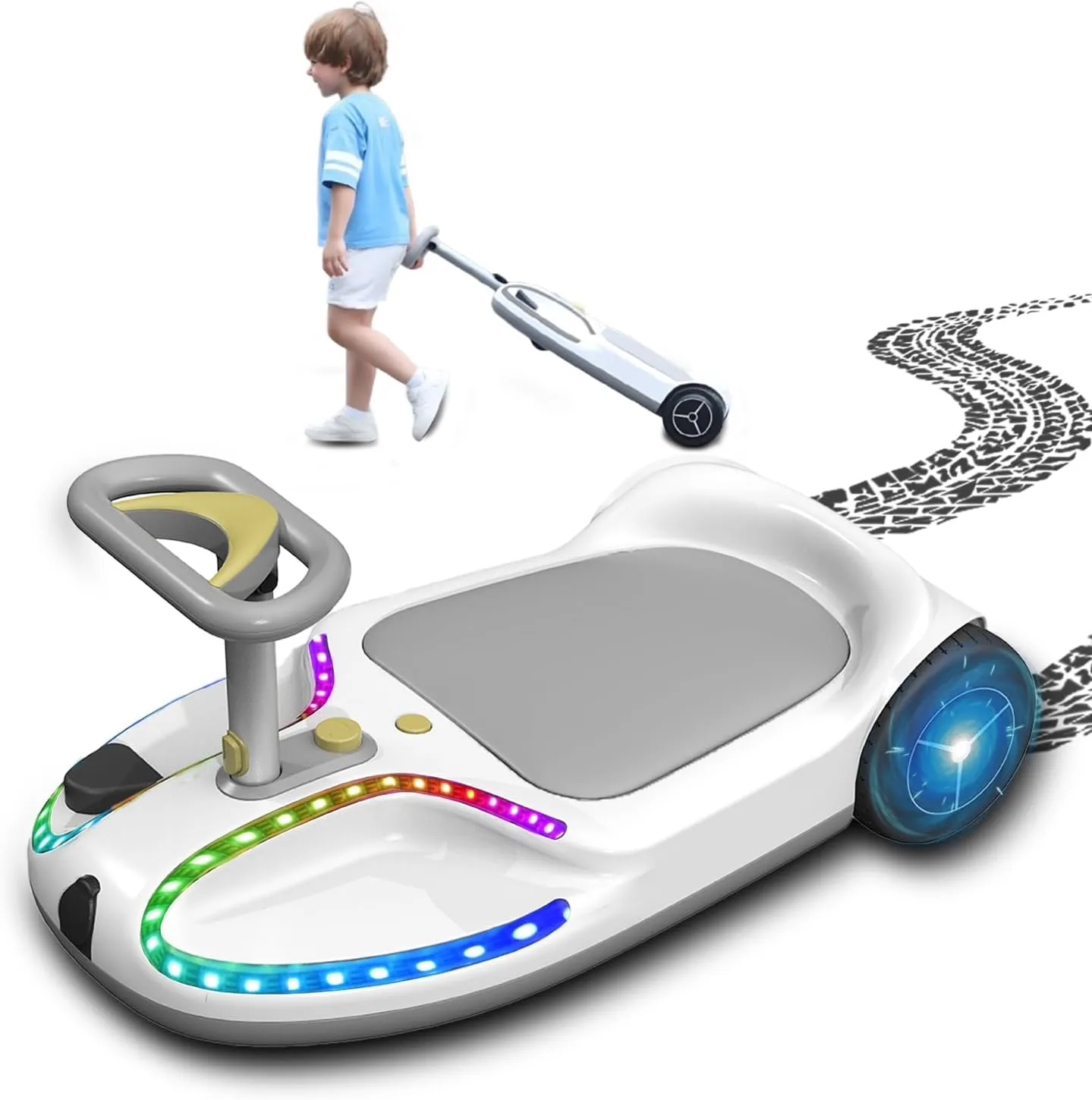 Electric Go Kart for Kids, 24V Electric Pedal Kart with Cool Lights Speed Adjustable Electric Wiggle Car Go Karts, Portable Mini Go Kart