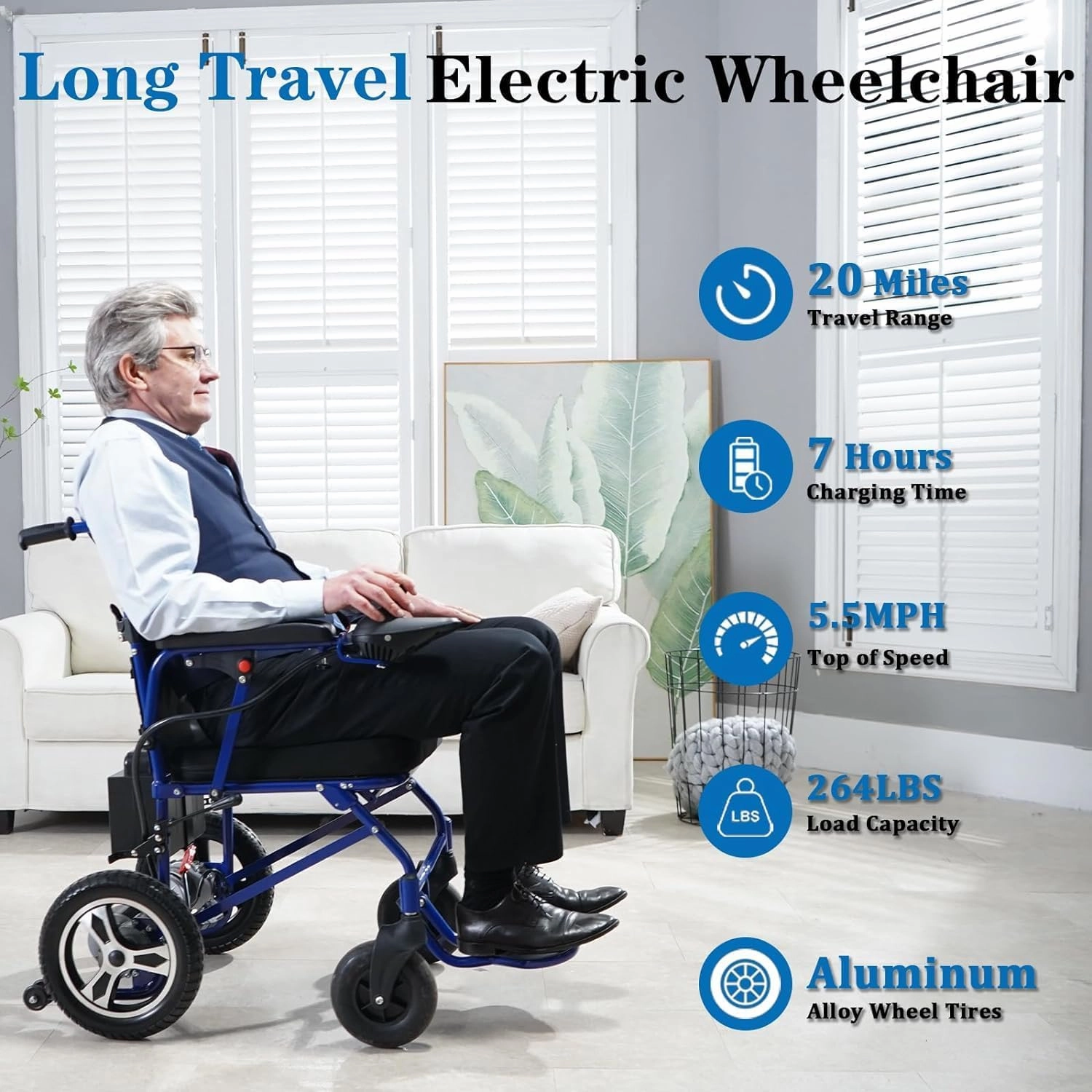 Electric Wheelchairs for Adults,20 Miles Lightweight Foldable Motorized Wheelchair Power Portable Wheelchairs - 500W Motor, Blue