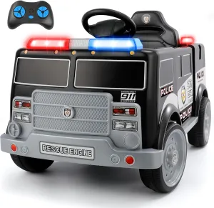 ELEMARA 12V Ride on Police Car, Electric Ride on Truck for Kids,Battery Powered Toddler Car Ride On Toy w/Parent Remote Control,Siren-Call,walkie-talkies, Flashing Lights,Bluetooth,Music,Dark Black