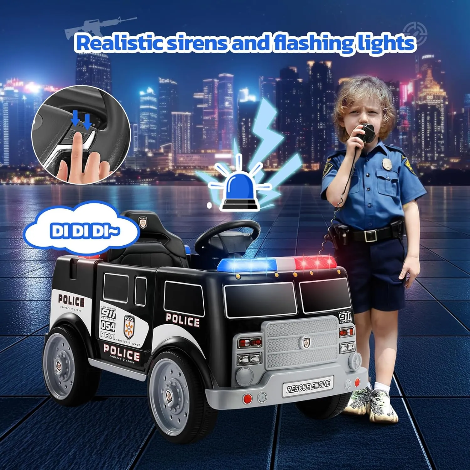 ELEMARA 12V Ride on Police Car, Electric Ride on Truck for Kids,Battery Powered Toddler Car Ride On Toy w/Parent Remote Control,Siren-Call,walkie-talkies, Flashing Lights,Bluetooth,Music,Dark Black