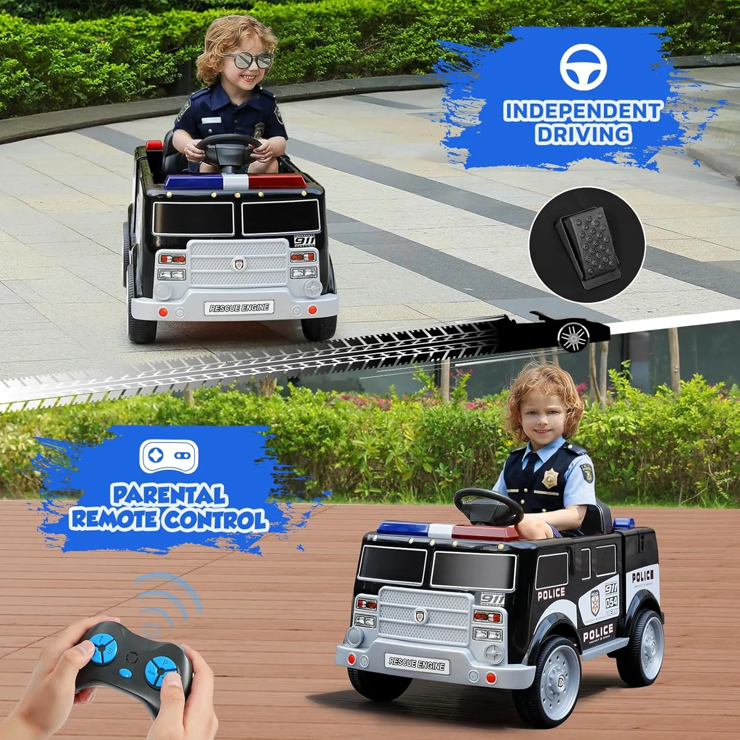 ELEMARA 12V Ride on Police Car, Electric Ride on Truck for Kids,Battery Powered Toddler Car Ride On Toy w/Parent Remote Control,Siren-Call,walkie-talkies, Flashing Lights,Bluetooth,Music,Dark Black