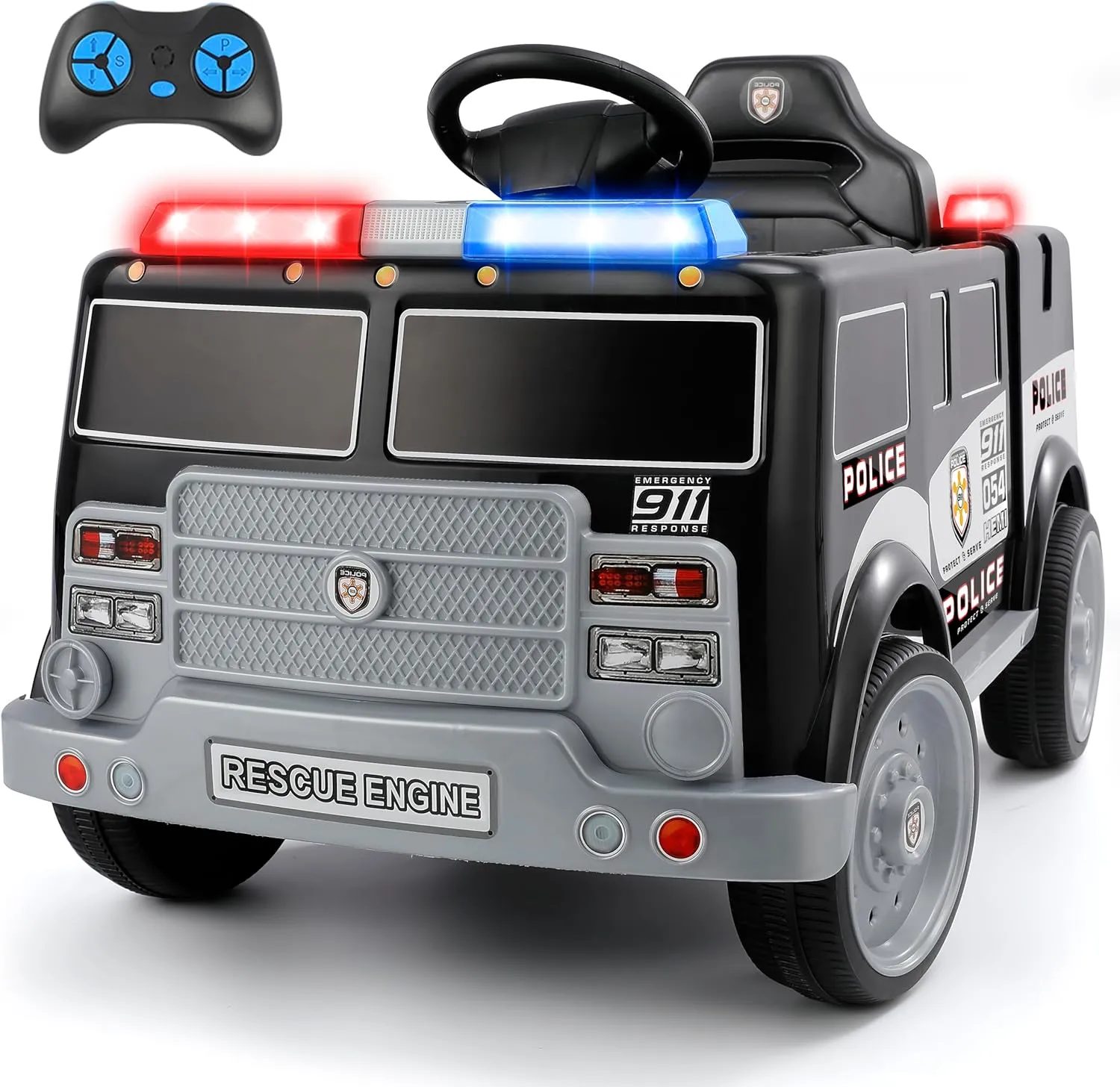 ELEMARA 12V Ride on Police Car, Electric Ride on Truck for Kids,Battery Powered Toddler Car Ride On Toy w/Parent Remote Control,Siren-Call,walkie-talkies, Flashing Lights,Bluetooth,Music,Dark Black