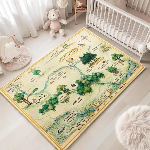 Estmy Washable Vintage Woodland Rug, 3x5 Cute Fun Nursery Rugs for Girls Boys Neutral, Thin Pile Faux Wool Soft Stain Resistant Hundred Acre Wood Map Rug, Cartoon Retro Kids Play Rug Infant Playmat
