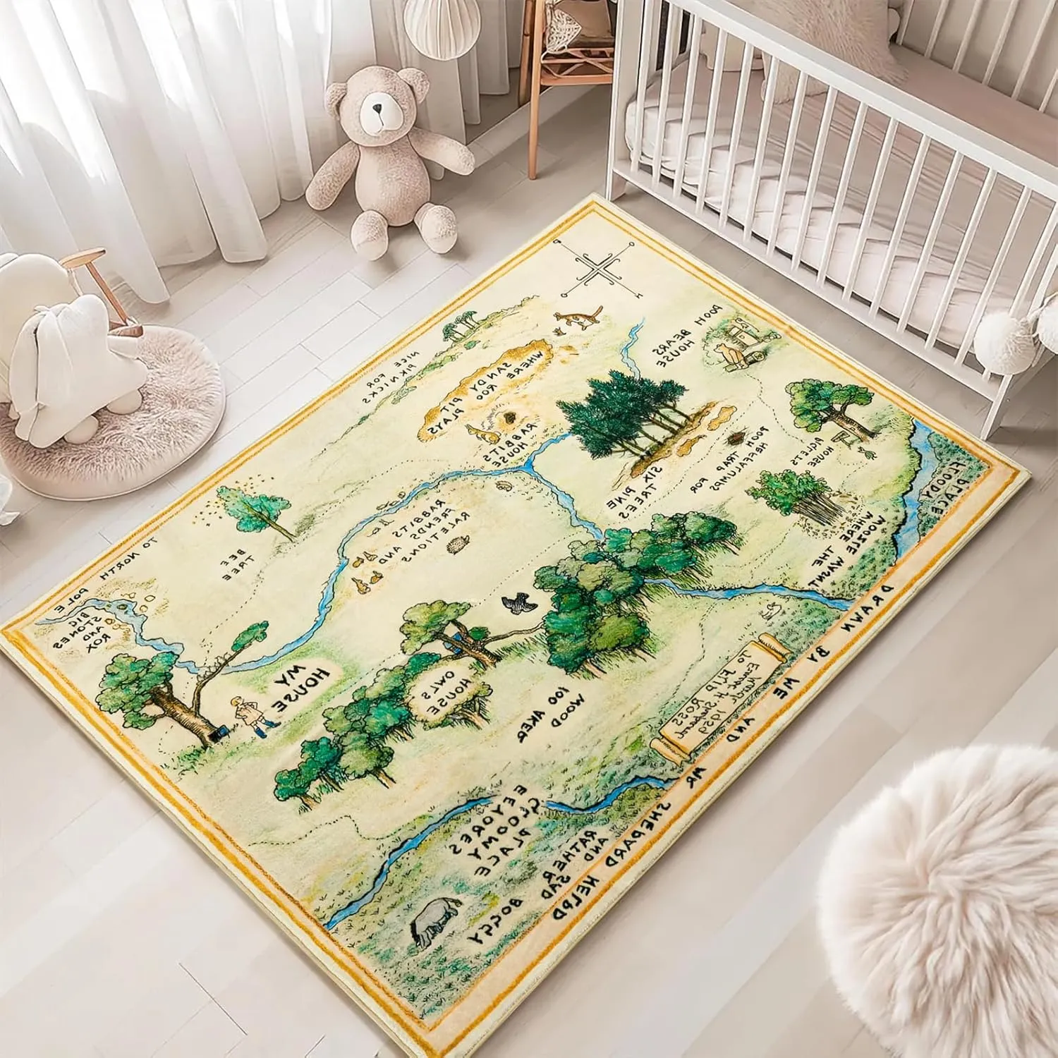 Estmy Washable Vintage Woodland Rug, 3x5 Cute Fun Nursery Rugs for Girls Boys Neutral, Thin Pile Faux Wool Soft Stain Resistant Hundred Acre Wood Map Rug, Cartoon Retro Kids Play Rug Infant Playmat