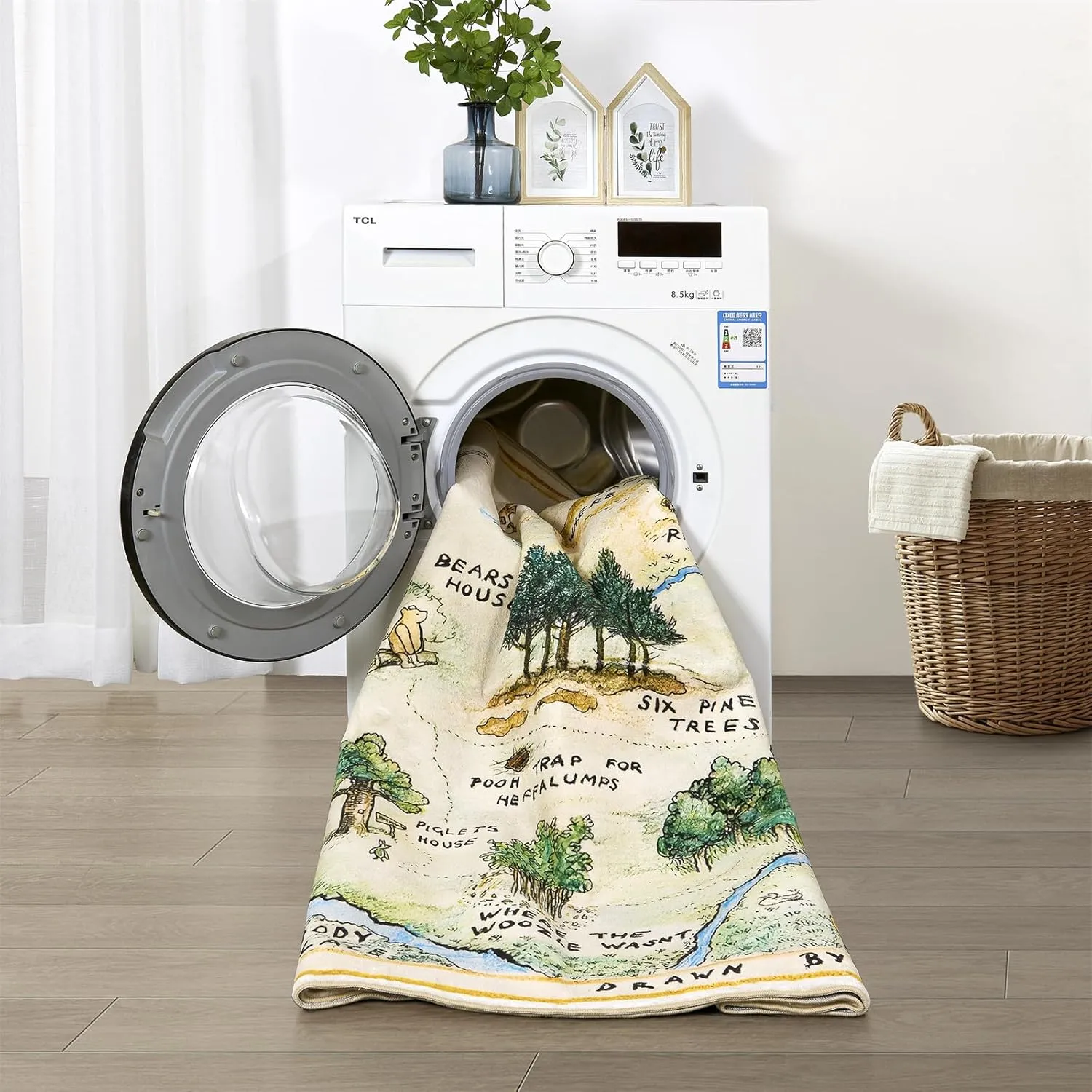 Estmy Washable Vintage Woodland Rug, 3x5 Cute Fun Nursery Rugs for Girls Boys Neutral, Thin Pile Faux Wool Soft Stain Resistant Hundred Acre Wood Map Rug, Cartoon Retro Kids Play Rug Infant Playmat