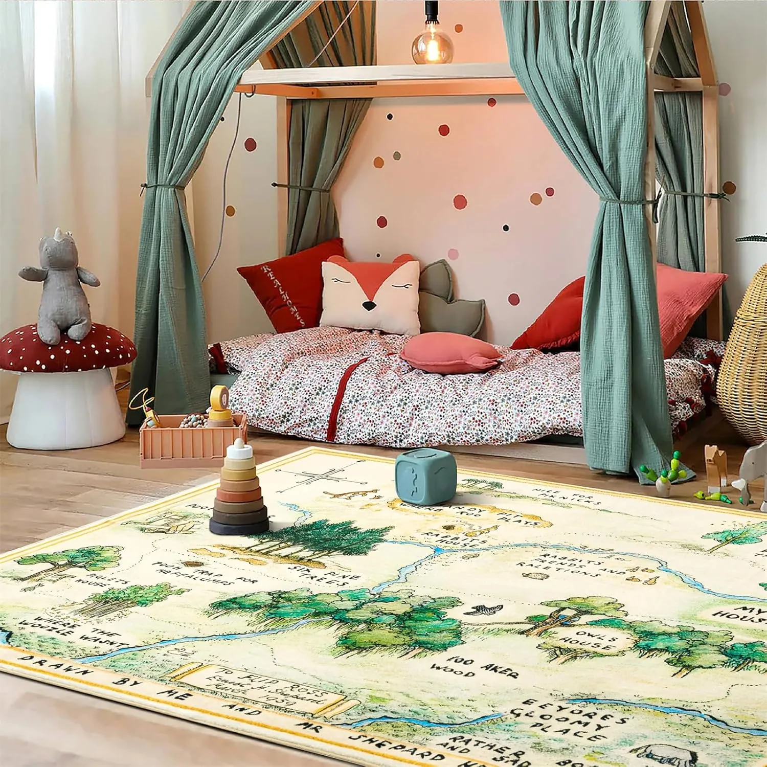 Estmy Washable Vintage Woodland Rug, 3x5 Cute Fun Nursery Rugs for Girls Boys Neutral, Thin Pile Faux Wool Soft Stain Resistant Hundred Acre Wood Map Rug, Cartoon Retro Kids Play Rug Infant Playmat