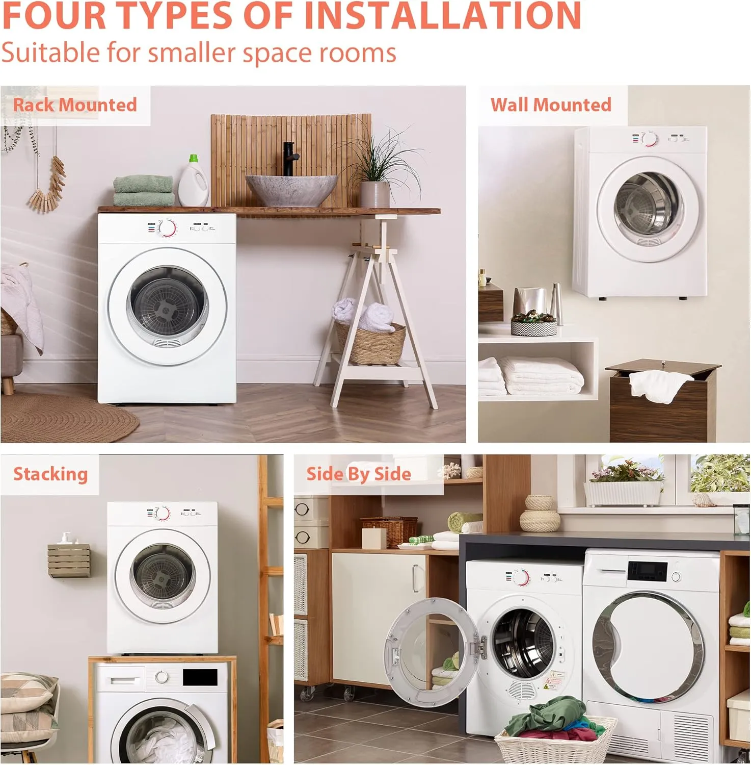 Euhomy Compact Dryer 1.8 cu. ft. Portable Clothes Dryers with Exhaust Duct with Stainless Steel Liner Four Function Small Dryer Machine, Suitable for Apartments, Dorm, RVs, White