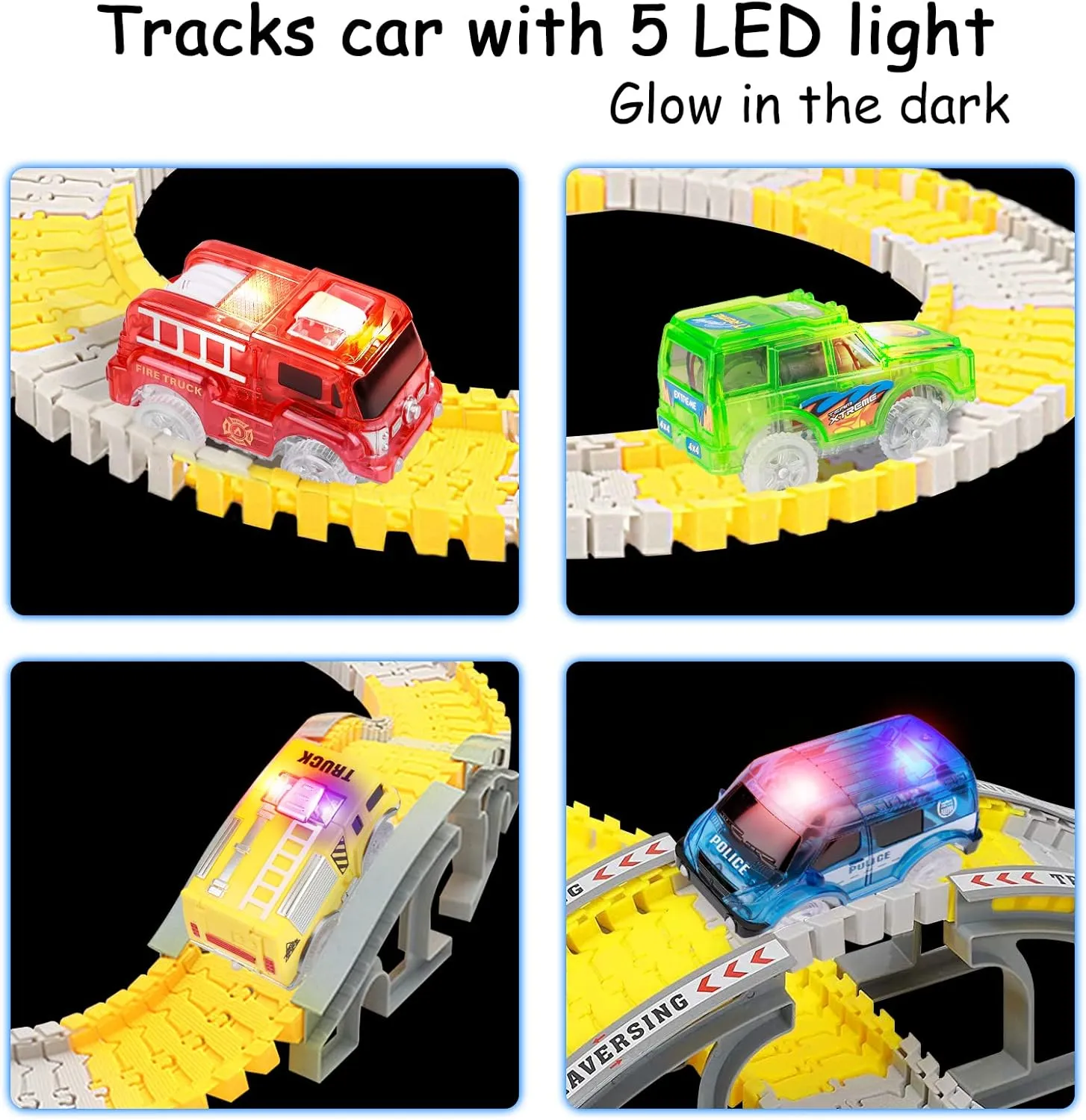 FancyWhoop Tracks Cars Replacement Only - Light Up Magic Cars for Tracks Compatible with Glow in The Dark Toy Cars with 5 LED Flashing Lights for Most Race Tracks Only Toy Car Accessories (4 Pack)