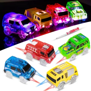 FancyWhoop Tracks Cars Replacement Only - Light Up Magic Cars for Tracks Compatible with Glow in The Dark Toy Cars with 5 LED Flashing Lights for Most Race Tracks Only Toy Car Accessories (4 Pack)