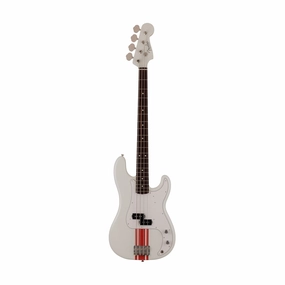Fender Japan Traditional II 60s Precision Bass Guitar, RW FB, Olympic White / Red Stripes
