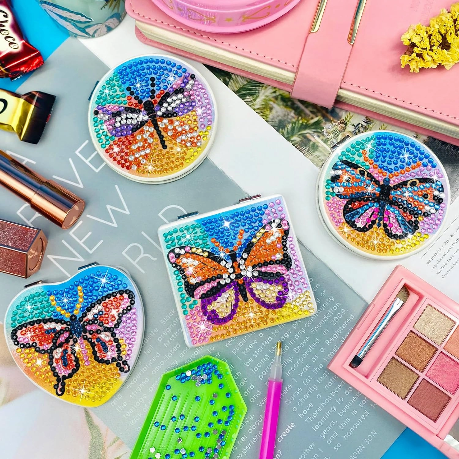 FILASLFT Diamond Painting Mirror,4 Pcs Diamond Art Mirror,Butterfly Diamond Painting Compact Mirror,Portable Magnifying Folding Purse Mirror,Diamond Art Gifts, MR144