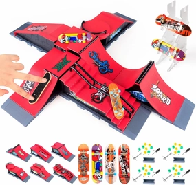 Finger Skateboard Ramp for Kids-KETIEE 6 in 1 Finger Skate Park Set with 6 Finger Deck Ramp 4 Mini Skateboards 1 Fingerboard Display Rack-Fingertip Training Props Mini Finger Toy for Kids Adults Gifts