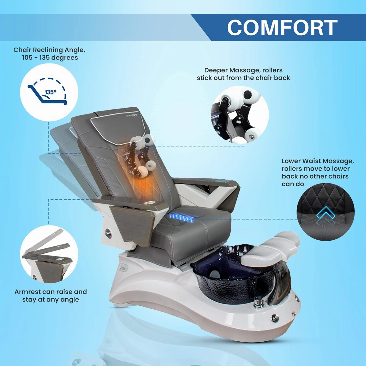 FIOR Shiatsulogic Pedicure Chair FX Black with Marble Trim Pedicure Tub w/Discharge Pump & Pipe-Less Magnetic Jet Pedicure Spa, White Cover Set