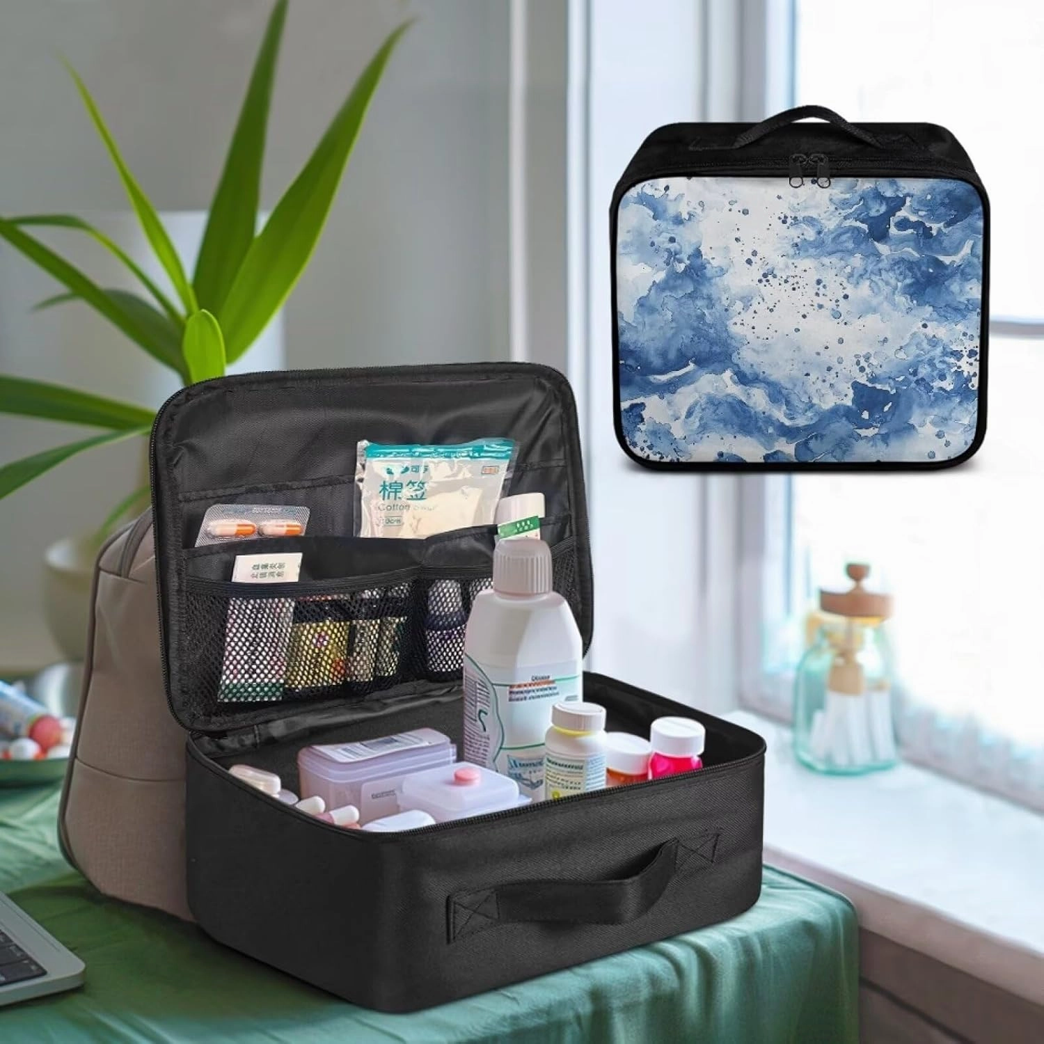 First Aid Kit Bag Empty Medium Organizer Blue White Portable Medication Travel Carrying Case with Handle for Home Travel Camping Empty Medical Storage Bag Portable Pouch