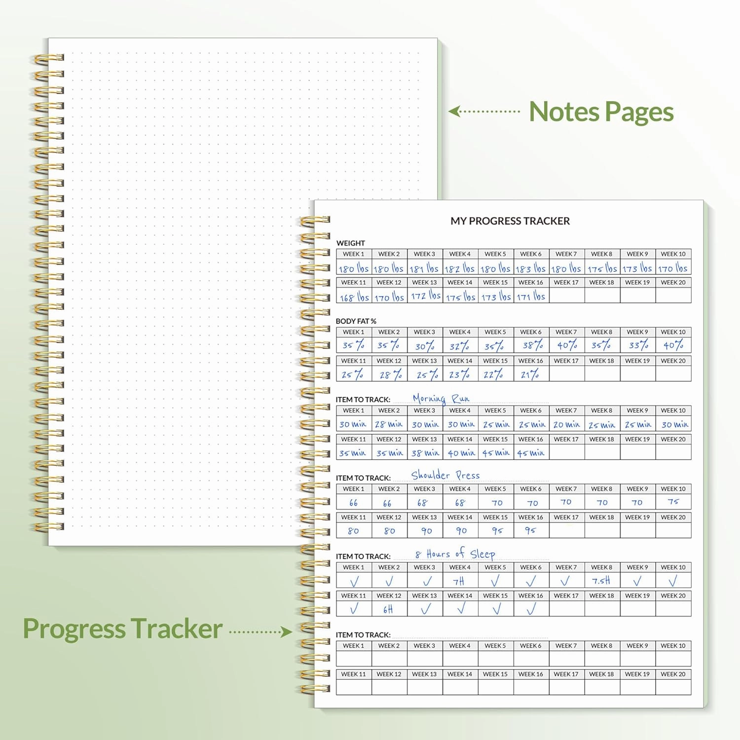 Fitness Journal Workout Planner for Women & Men, A4 (8.5" x 11") Workout Journal Log Book Planner Gift for Track Gym Essentials, Home Workouts, Track Progress, Achieve Wellness Goals, Green