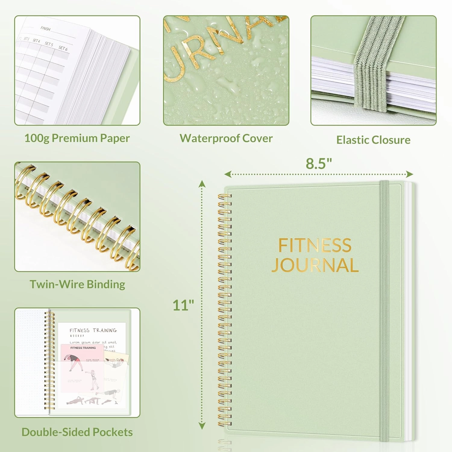 Fitness Journal Workout Planner for Women & Men, A4 (8.5" x 11") Workout Journal Log Book Planner Gift for Track Gym Essentials, Home Workouts, Track Progress, Achieve Wellness Goals, Green