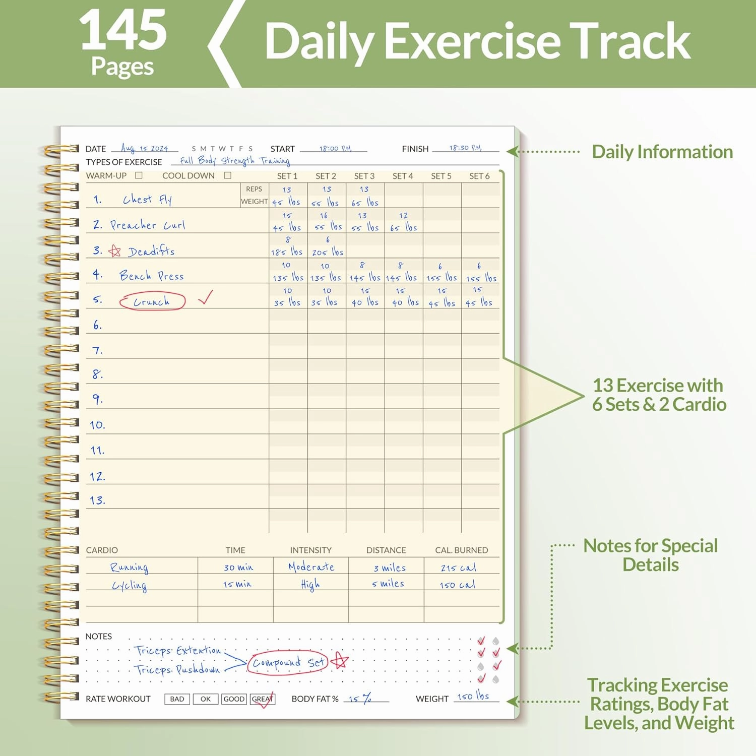 Fitness Journal Workout Planner for Women & Men, A4 (8.5" x 11") Workout Journal Log Book Planner Gift for Track Gym Essentials, Home Workouts, Track Progress, Achieve Wellness Goals, Green