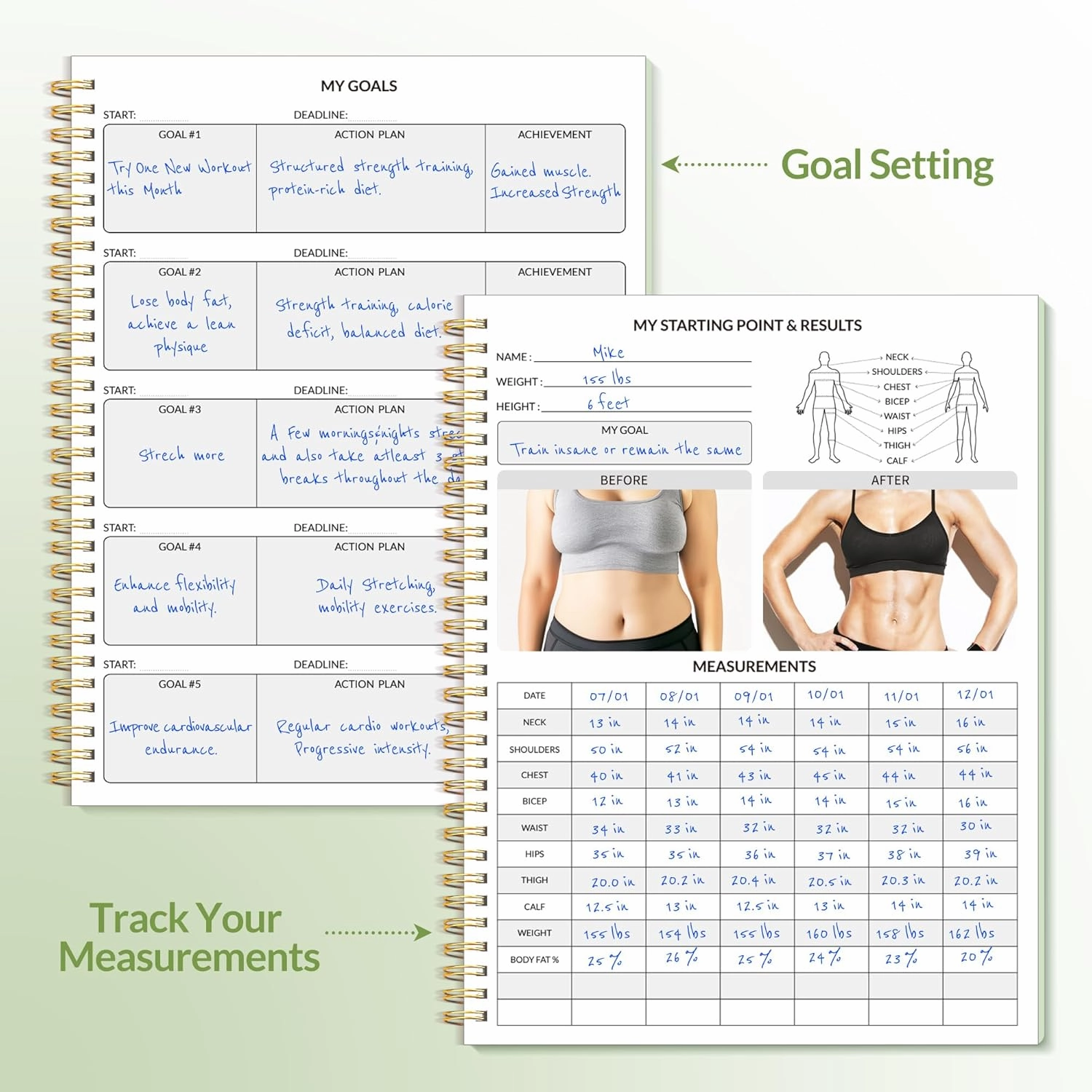 Fitness Journal Workout Planner for Women & Men, A4 (8.5" x 11") Workout Journal Log Book Planner Gift for Track Gym Essentials, Home Workouts, Track Progress, Achieve Wellness Goals, Green
