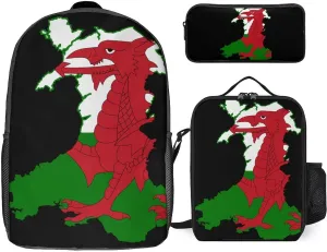 Flag Map of Wales 3Pcs Laptop Backpack Set 17 Inch Daypack with Lunch Bag Pencil Case Set for Travel Work