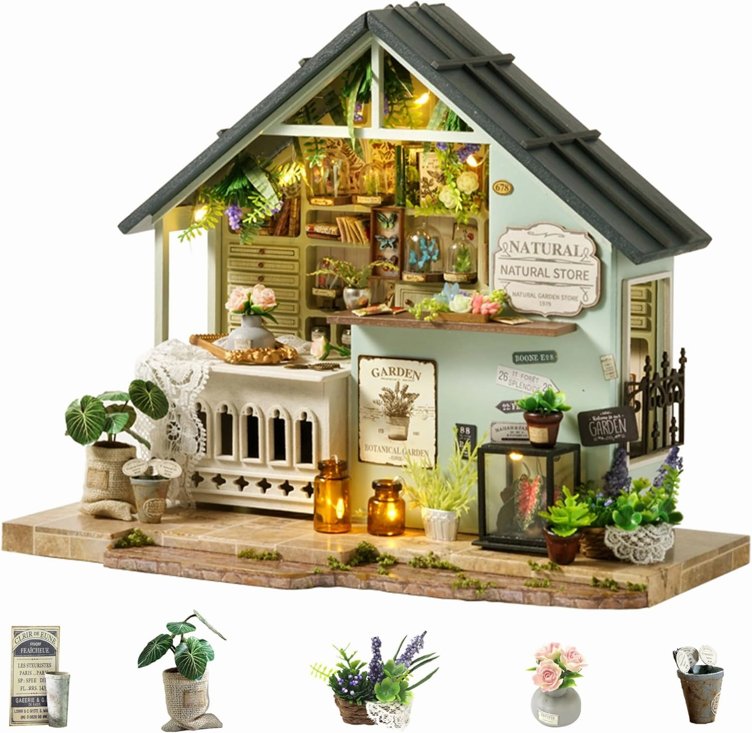 Flever DIY Miniature House Kit, Tiny Home Kit with LED Light, Mini House Build Craft Kits for Adults and Teens, Home Decor Creative Gift for Family/Friends (Plants Studio)