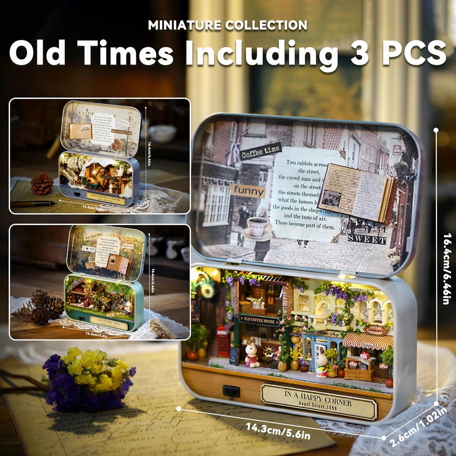 Flever Dollhouse Miniature DIY House Kit Creative Room with Furniture and Cover for Romantic Valentine's Gift(Old Times Including 3 PCS)